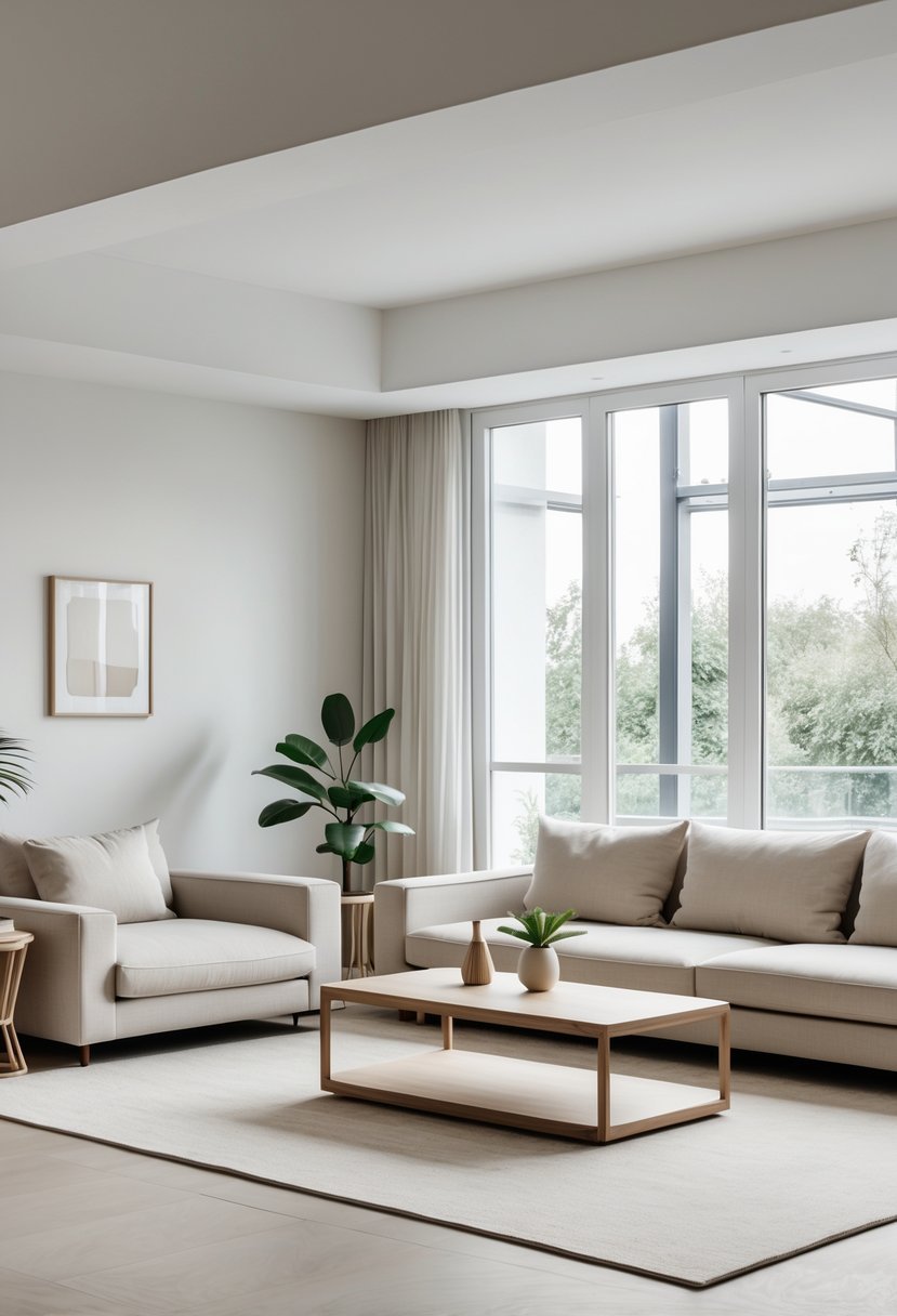 A bright living room with a sofa, coffee table, potted plant, and large windows letting in natural light.