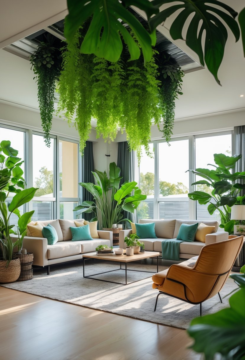A modern living room with several indoor plants, comfortable seating, and natural light coming through large windows.