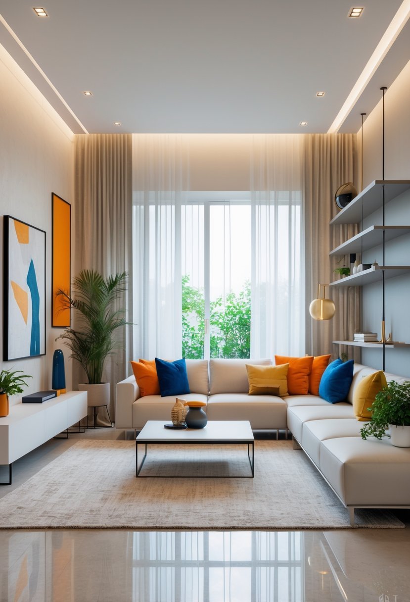 A bright living room with a sofa, coffee table, plants, and colorful decorative accents.