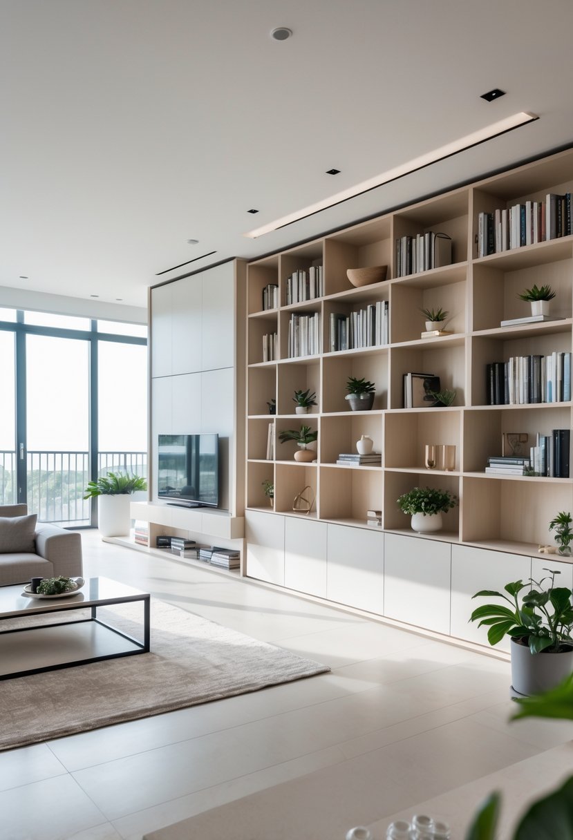 A bright living room with built-in shelves and cabinets neatly organizing books and decor, featuring a sofa and coffee table.