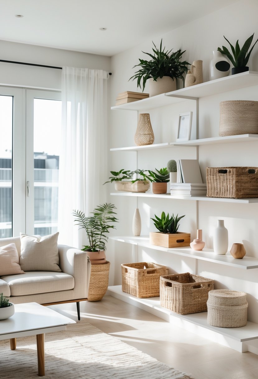 A bright living room with open shelving displaying plants, books, and decorative items, along with a sofa and coffee table.