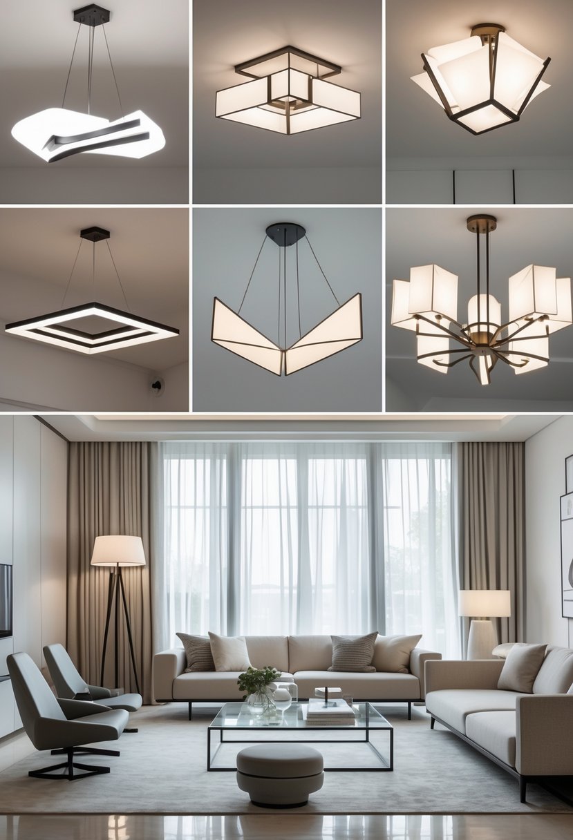 A living room with multiple modern geometric lighting fixtures and minimalist furniture.