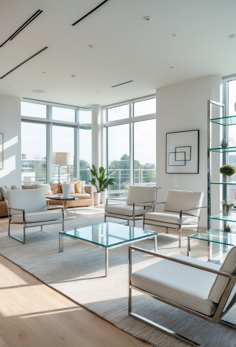 A bright living room with metal and glass furniture, including chairs, a coffee table, and shelving, with natural light coming through large windows.