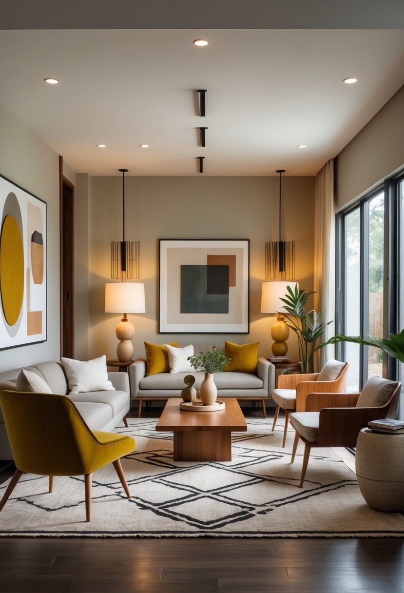 A bright living room with a sofa, armchairs, coffee table, plants, and large windows letting in natural light.