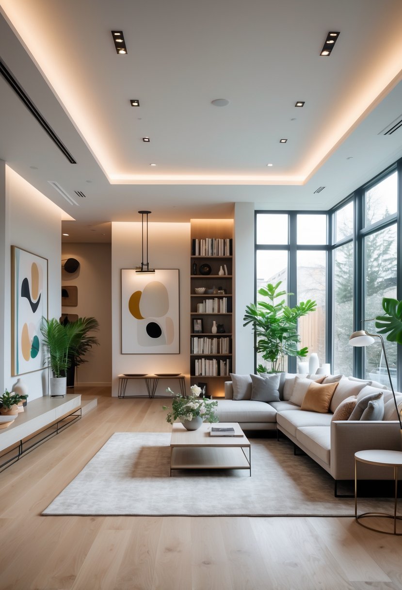 A bright and tidy living room with a sofa, coffee table, large windows, and decorative plants.