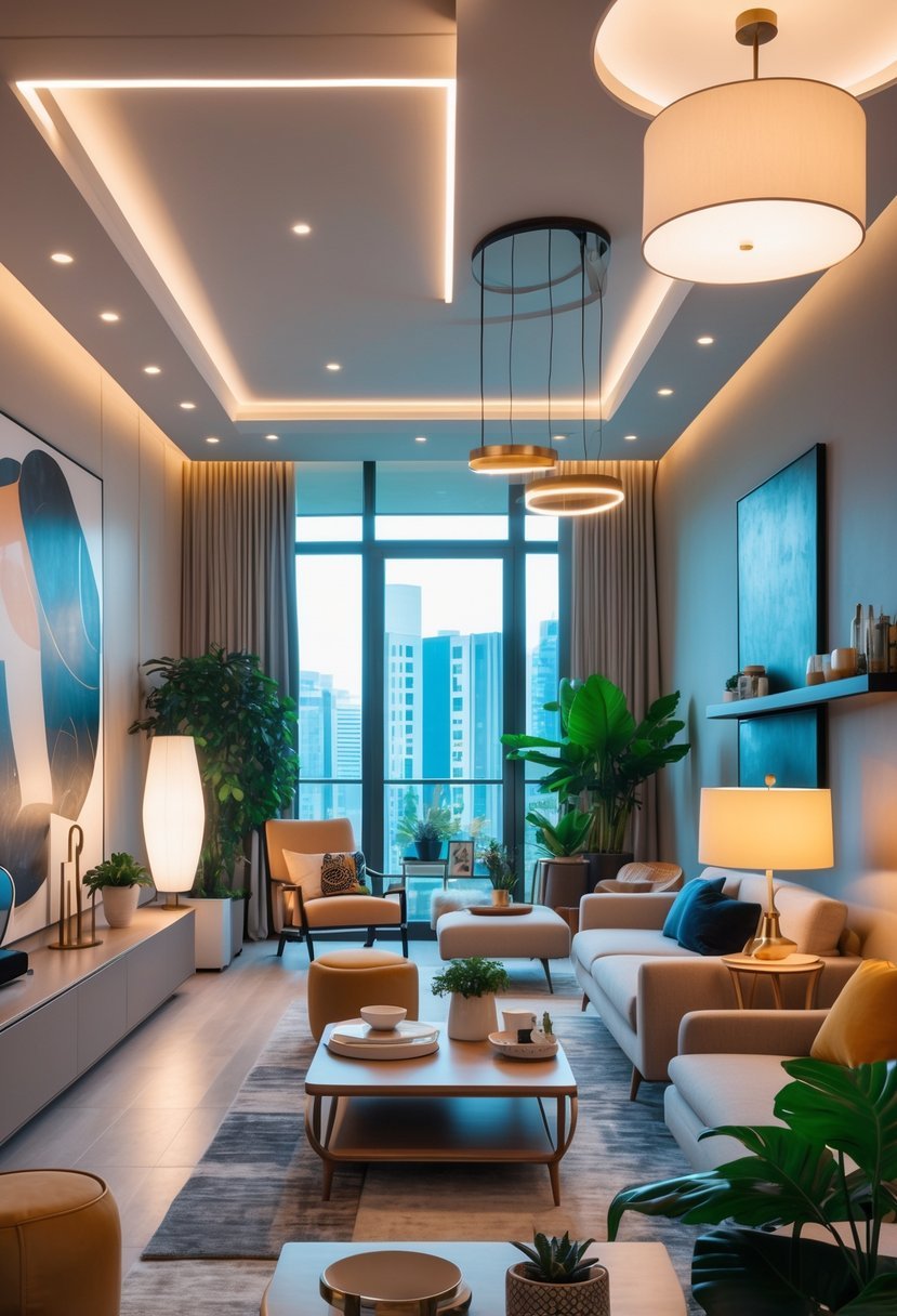 A bright living room with modern furniture, various lighting fixtures, decorative plants, and artwork creating a cozy and inviting atmosphere.