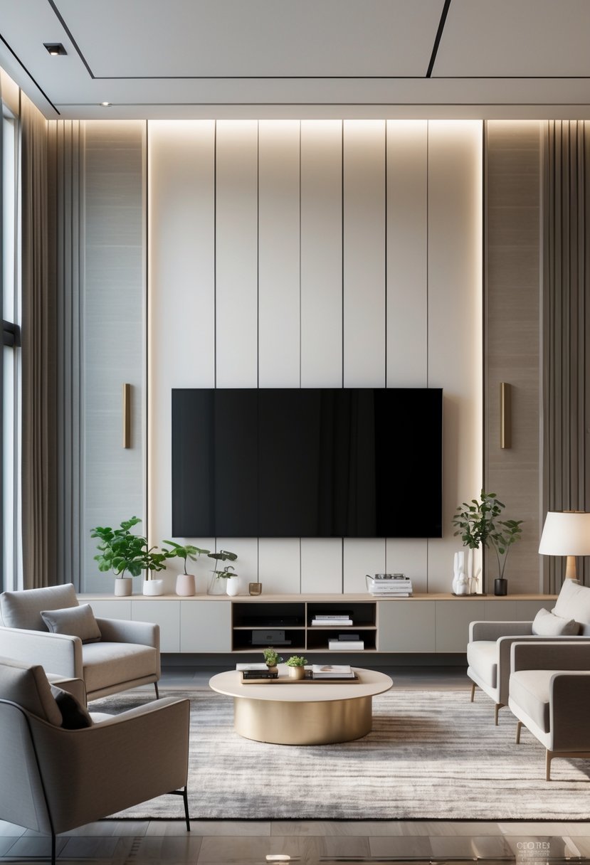A living room with a large TV mounted on a stylish wall, surrounded by comfortable seating and decorative elements.