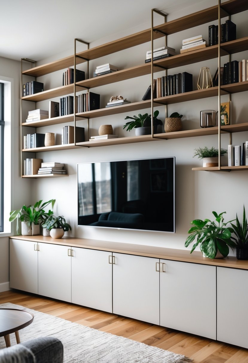 A living room with a wall-to-wall shelving unit and cabinetry below, featuring a mounted flat-screen TV in the center.