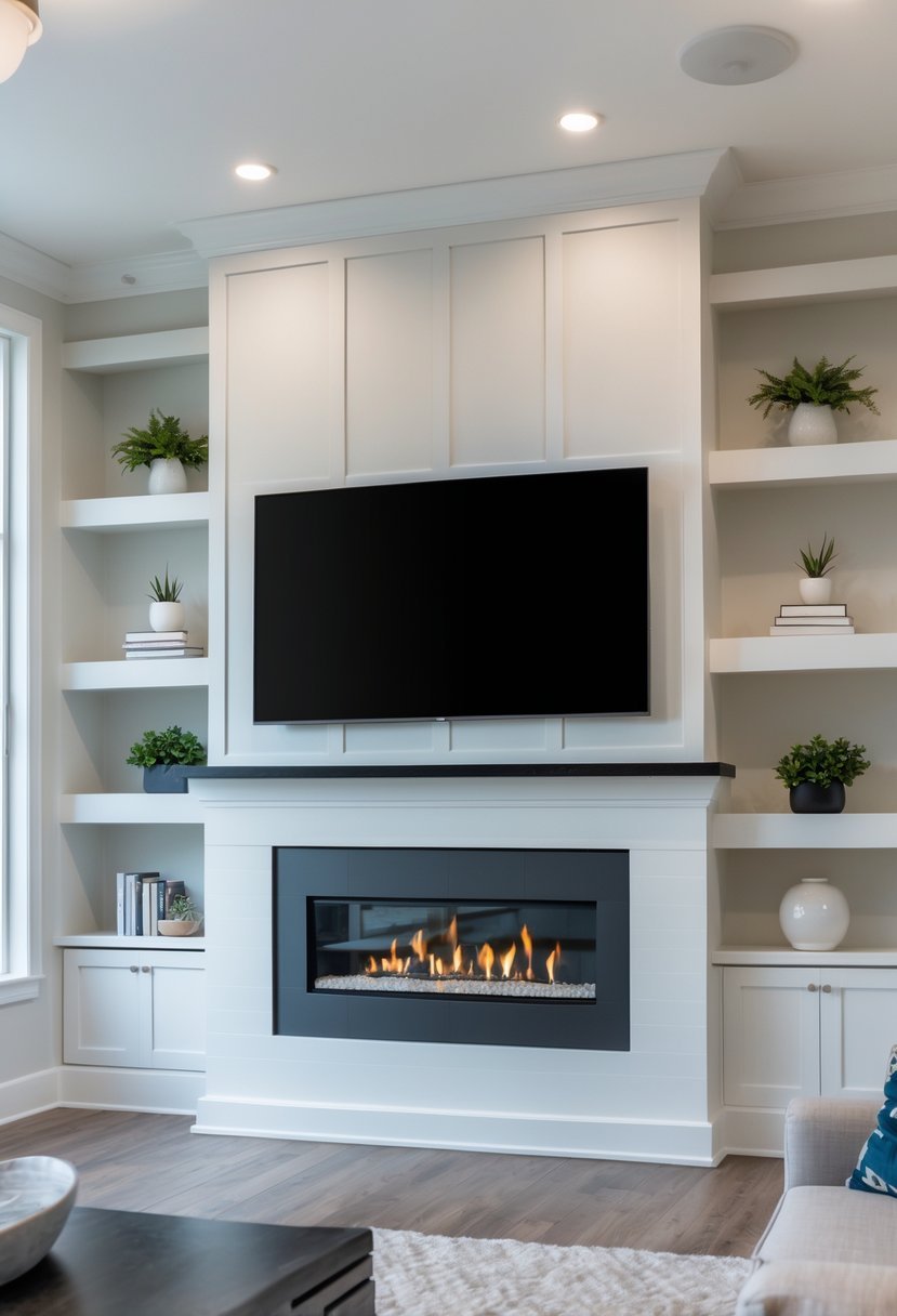 Living room with a fireplace and a TV mounted above it, flanked by built-in shelves filled with decorative items.