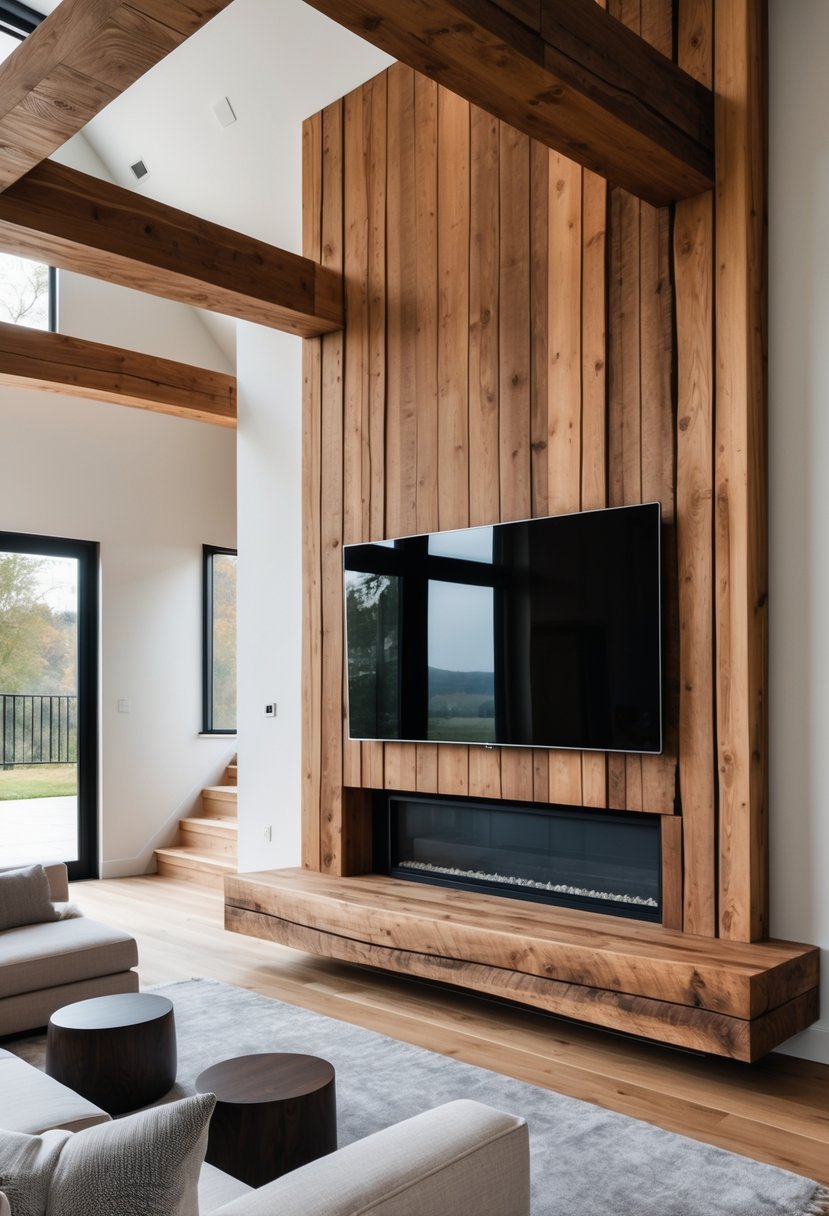 Living room with a chunky wood mantel and matching ceiling beams, featuring a large flat-screen TV mounted on the wall above the mantel.
