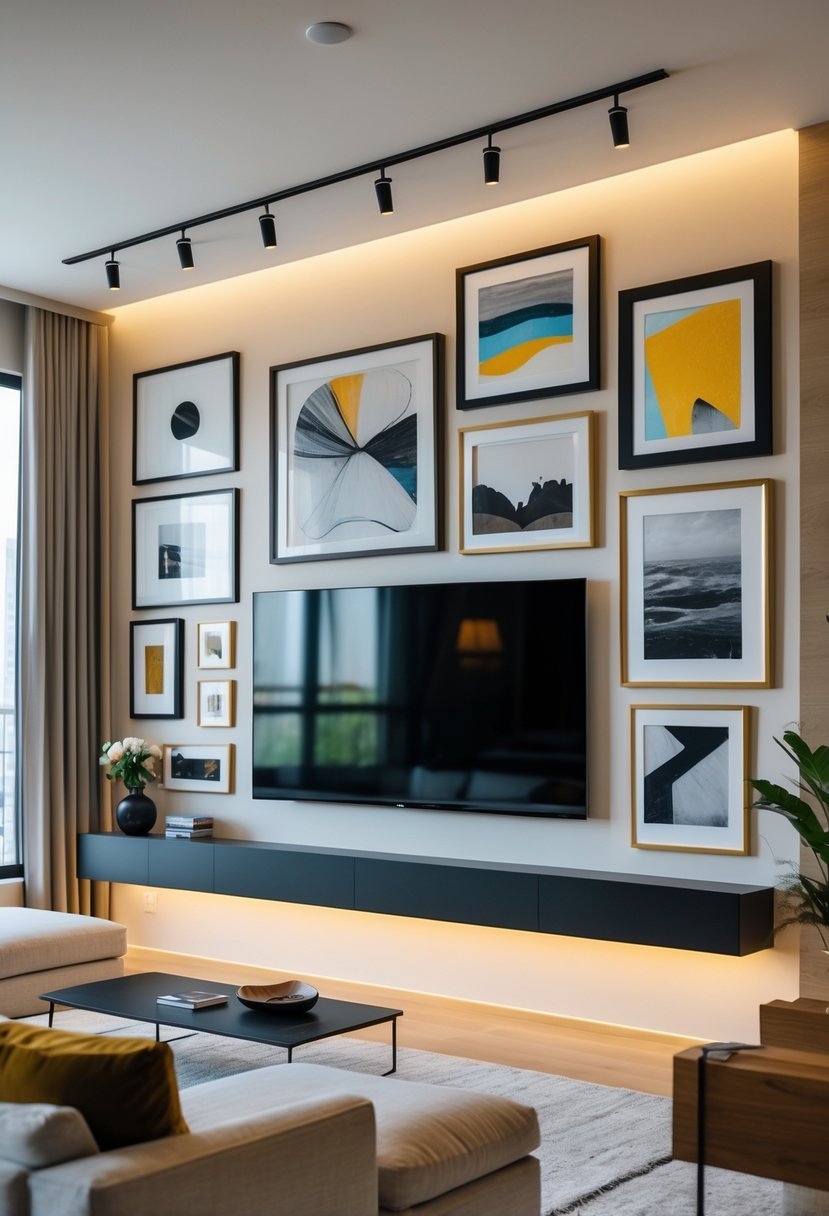 Living room with a wall-mounted TV surrounded by a gallery wall of framed artwork and photographs.