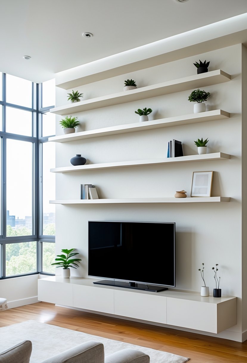 Living room with a TV mounted on a wall surrounded by twelve floating shelves holding decorative items.
