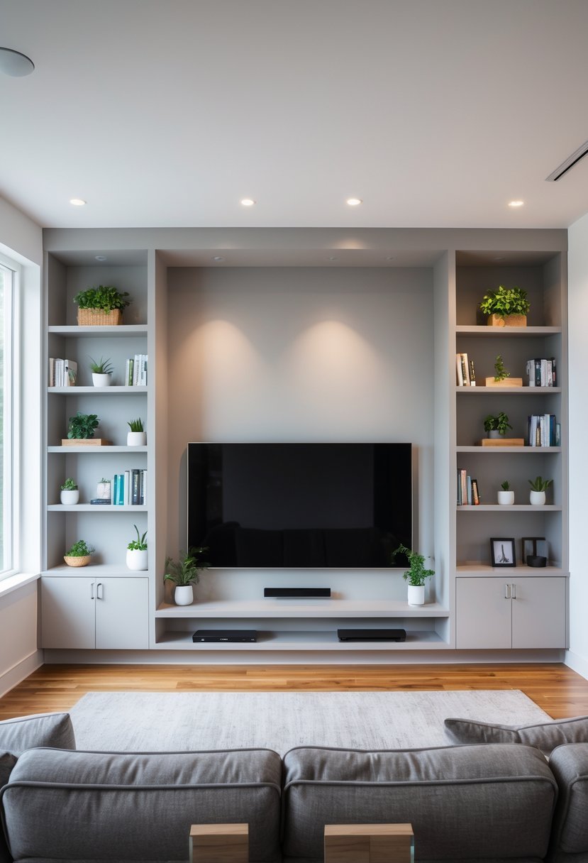 Living room with a TV centered on the wall and built-in shelves on both sides filled with books and decorations.