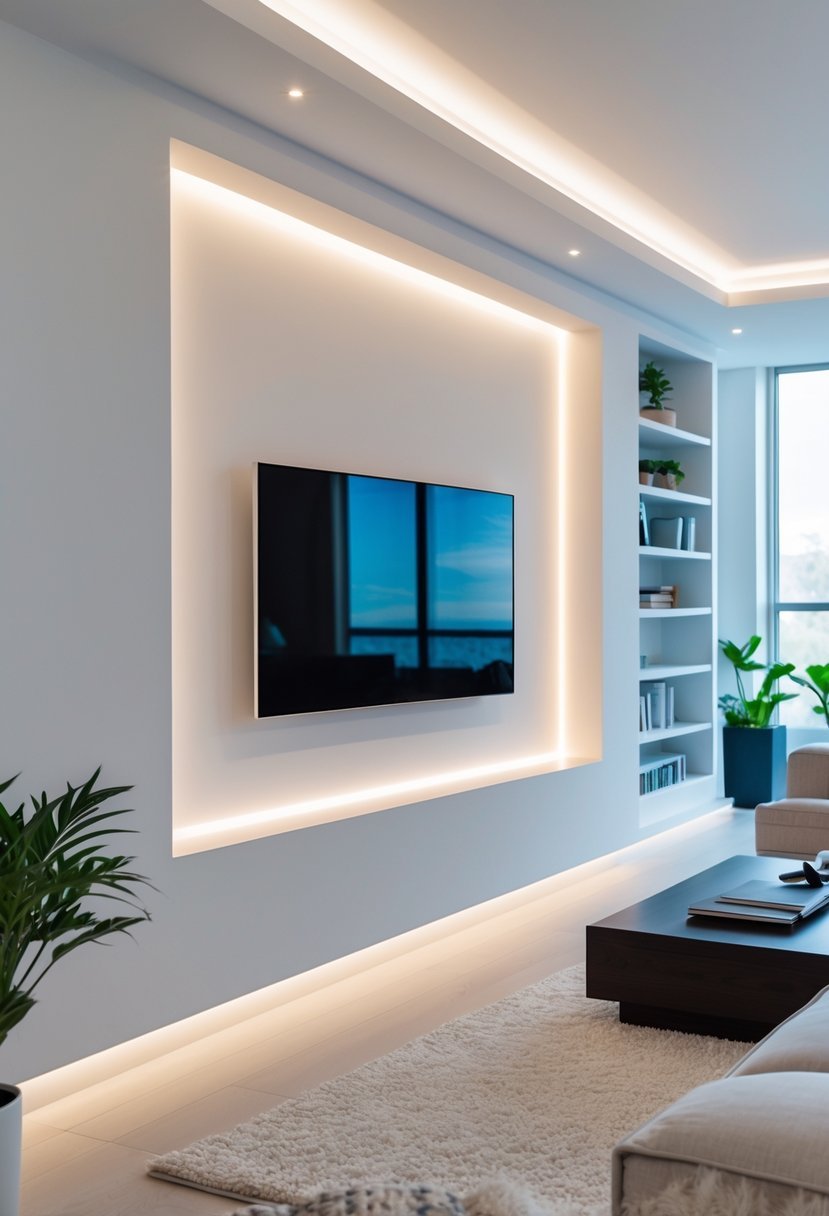 Living room with a recessed wall niche holding a flush-mounted flat screen TV surrounded by modern furniture and decor.