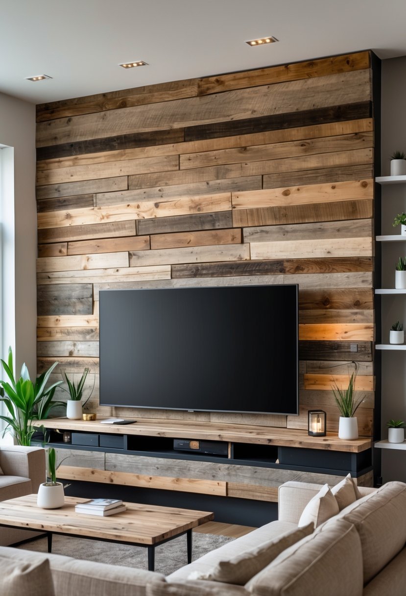 Living room with a large TV mounted on a wooden accent wall and furniture arranged around it.