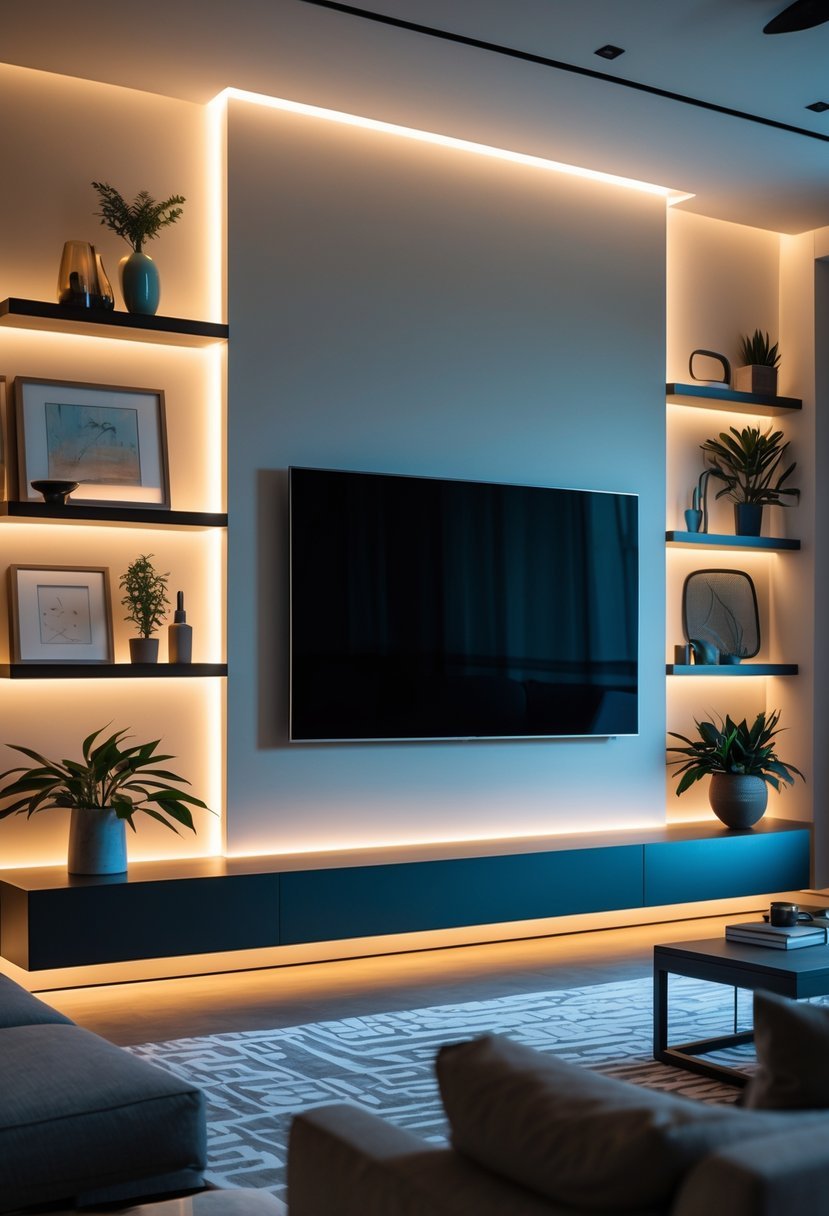 Living room with a large TV mounted on a wall, surrounded by shelves with décor and integrated lighting highlighting the area.