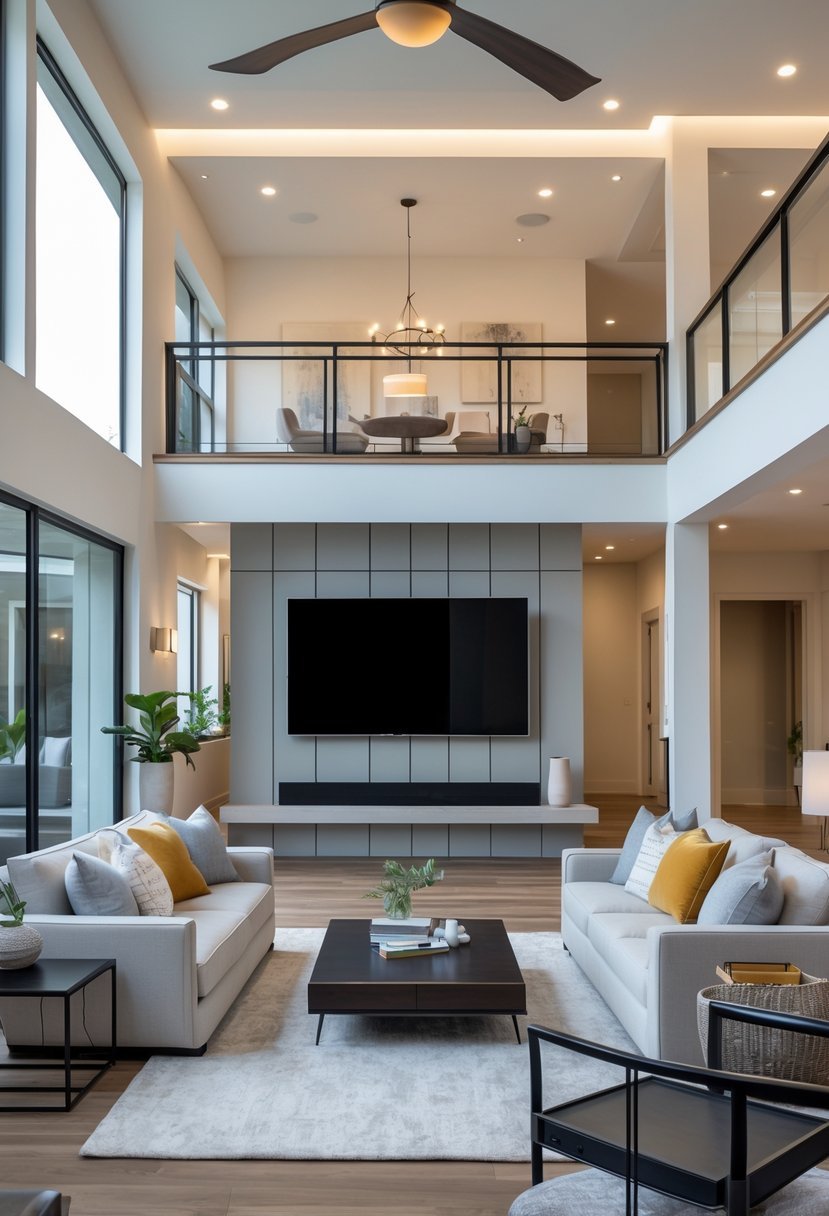 Two-story open living room with a mounted TV on the wall and modern furniture.