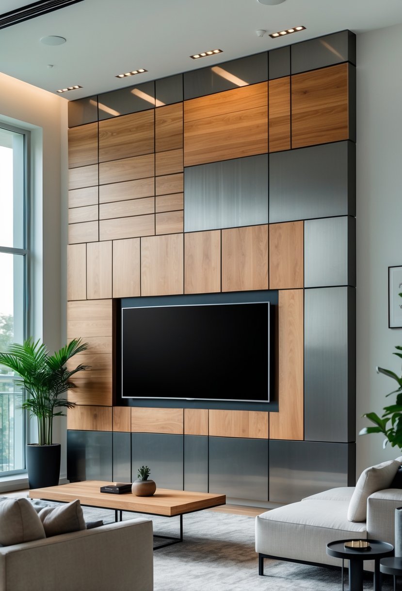 Living room with a TV mounted on a wall featuring mixed wood and metal panels arranged in a geometric pattern.