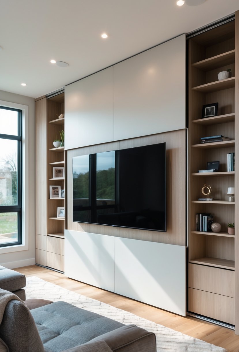 Living room with a TV wall featuring sliding panels that reveal hidden storage shelves behind them.