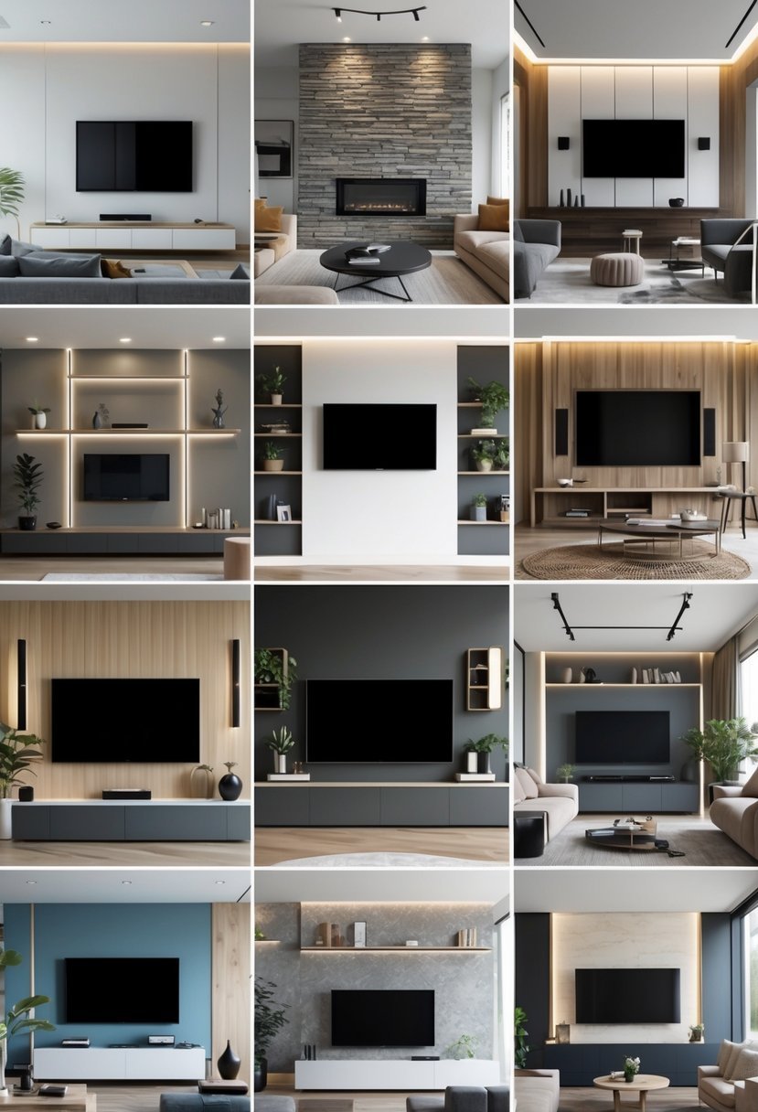 A collection of twelve living room TV walls, each with different wall designs, furniture, and décor arranged in a bright, modern setting.