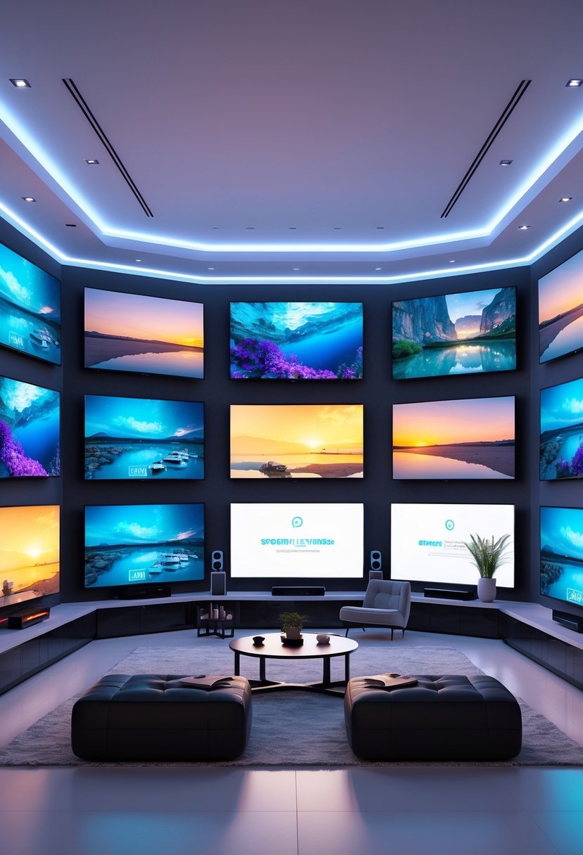 A spacious living room with twelve large flat-screen TVs mounted on different walls, each displaying colorful images, surrounded by modern furniture and decor.