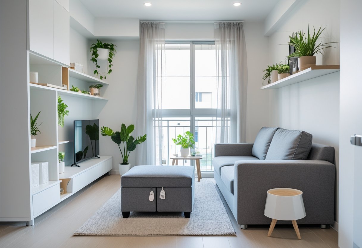 Small apartment living room with a storage ottoman used as seating and storage, a compact sofa, shelves with plants, and natural light coming through a window.