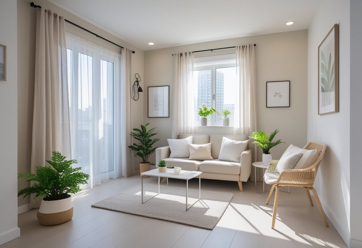 A bright small living room with light-colored walls, a sofa, coffee table, plants, and natural light coming through a window.
