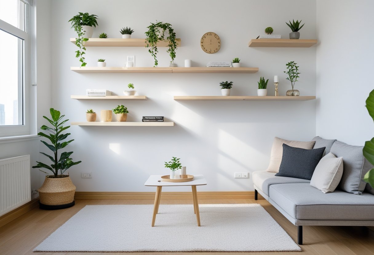 Small apartment living room with floating shelves holding plants and books, a compact sofa, and natural light from a window.