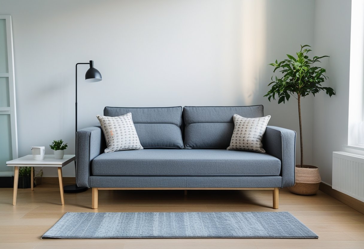 A small living room with a compact sofa with slim arms, a coffee table, a floor lamp, and a potted plant near a window.