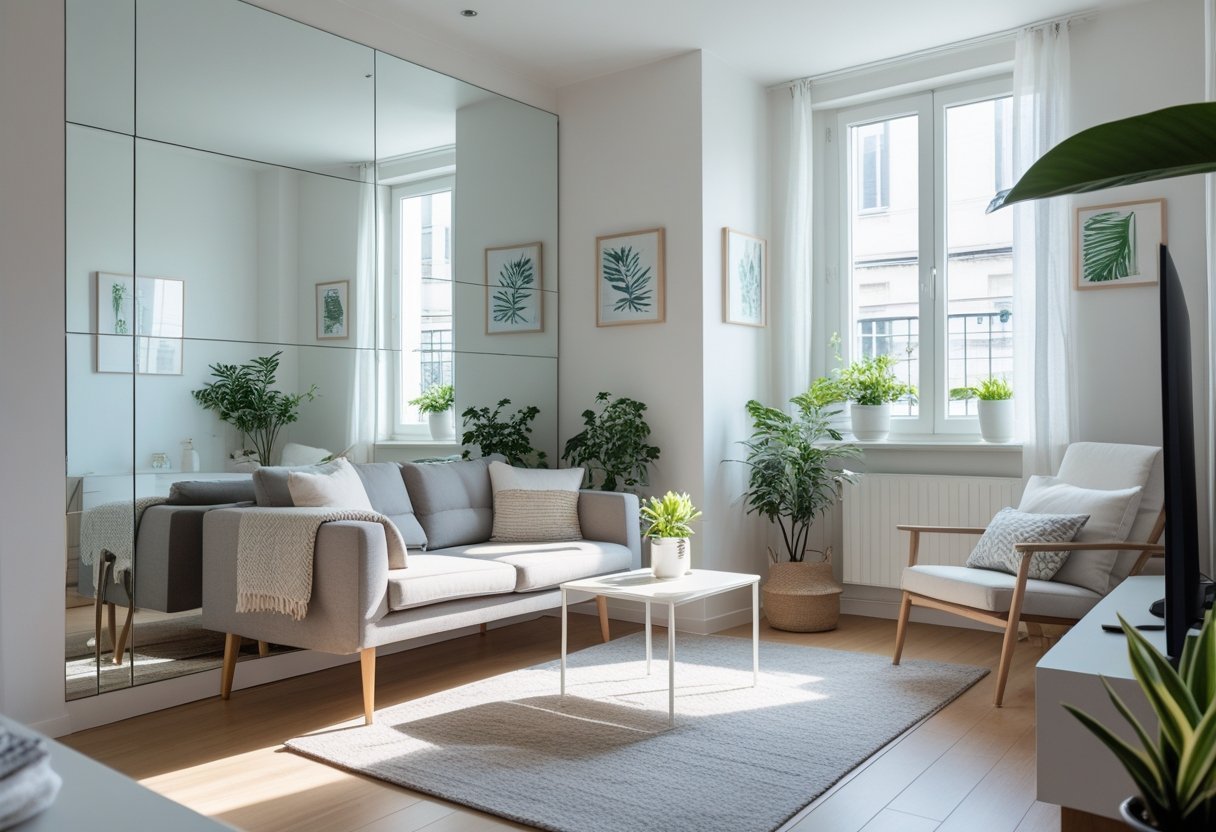 Small apartment living room with mirrors on the walls making the space appear larger, featuring a sofa, coffee table, and natural light.