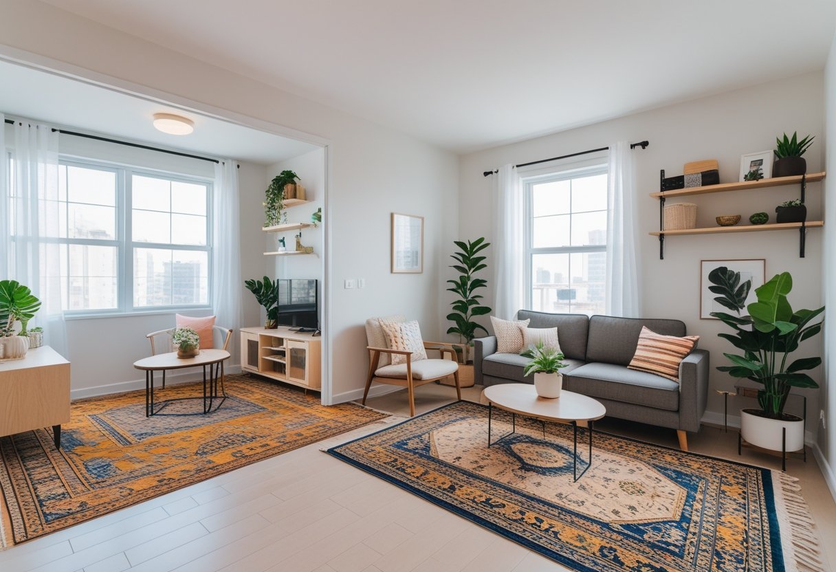 A small apartment living room with area rugs separating a seating area and a reading nook, featuring a sofa, armchairs, coffee table, and natural light from windows.