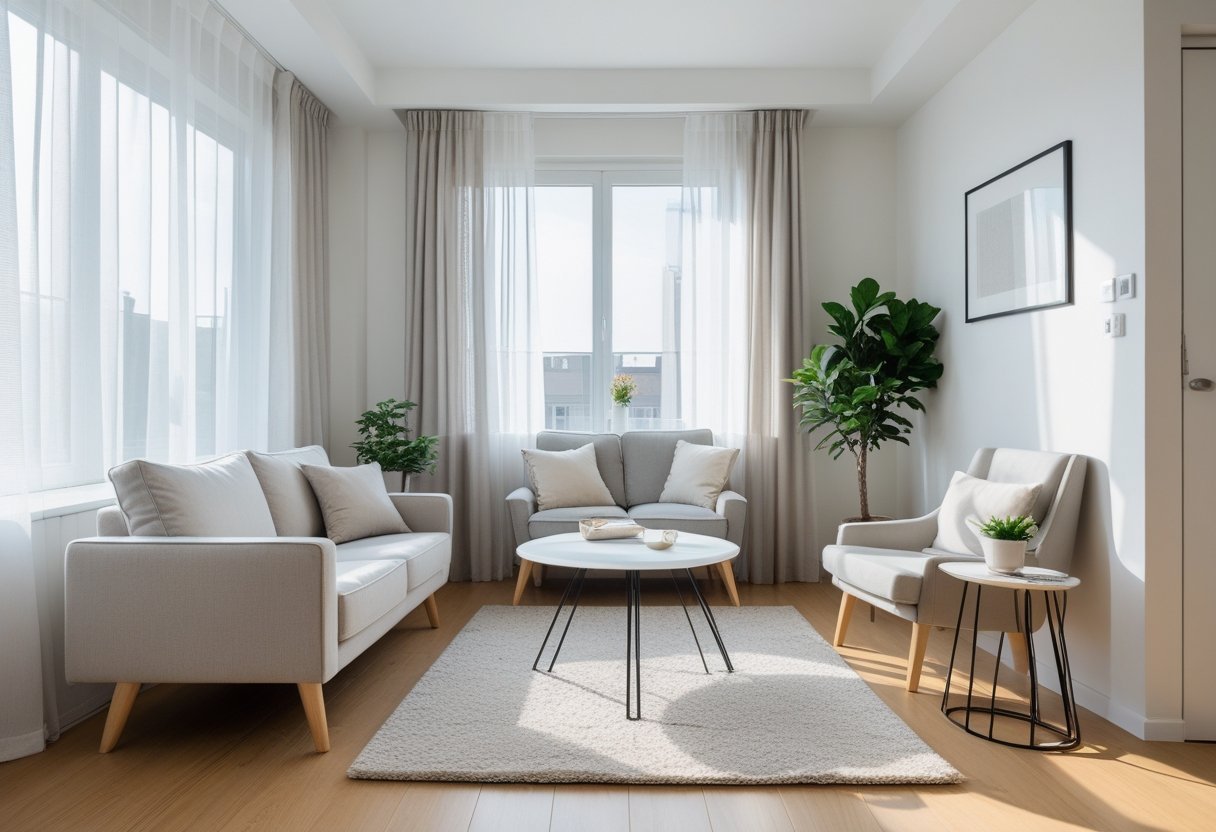 A small living room with furniture that has exposed legs, natural light, and a cozy, open arrangement.