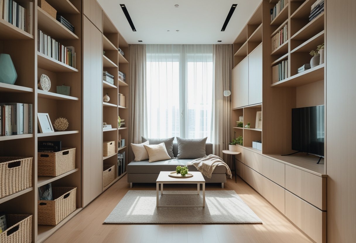 A small living room with tall bookcases and cabinets filled with books and decorations, a compact sofa, and a coffee table near a window letting in natural light.