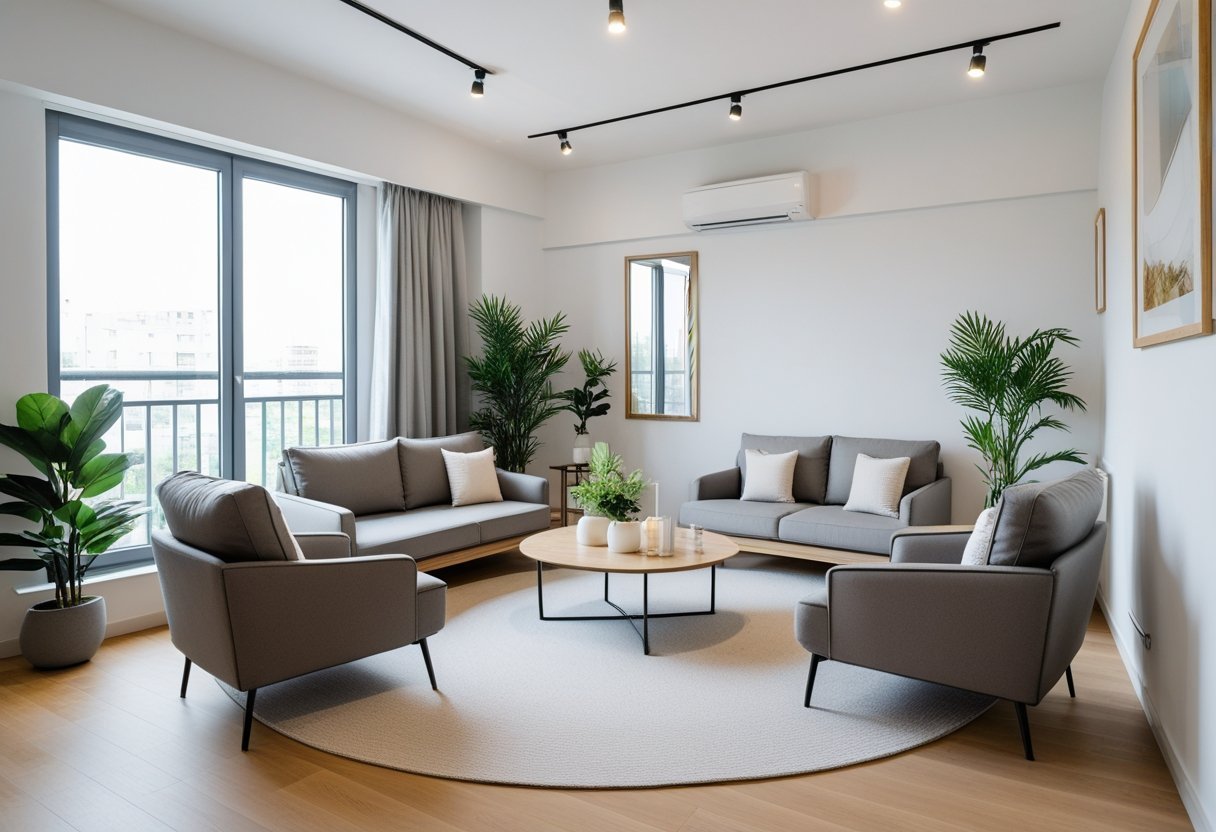 Small apartment living room with circular seating arrangement including sofa and armchairs around a coffee table, bright with natural light and minimal decor.