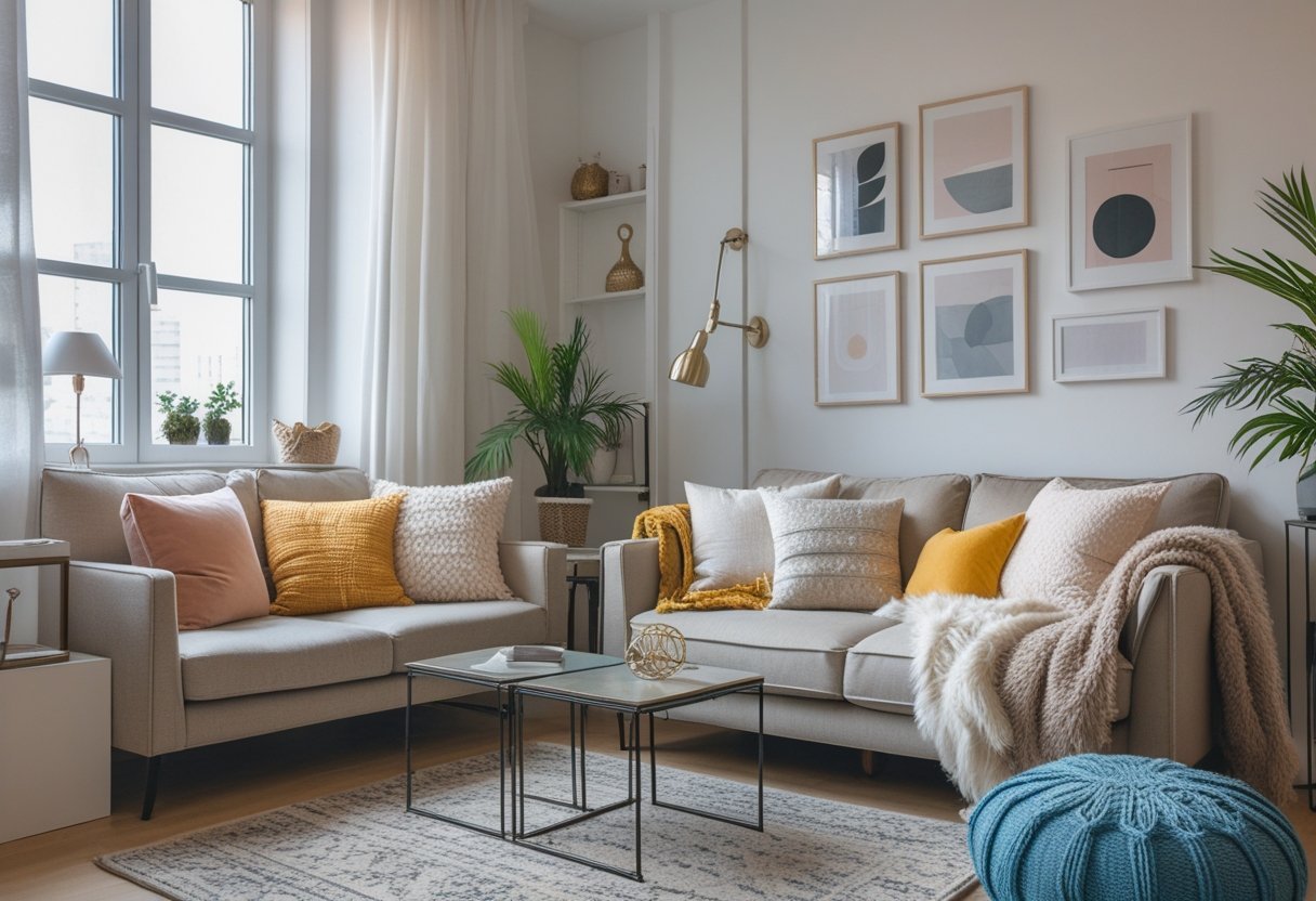 A small living room in an apartment with a sofa, cushions, metal furniture accents, a coffee table, and natural light coming through a window.