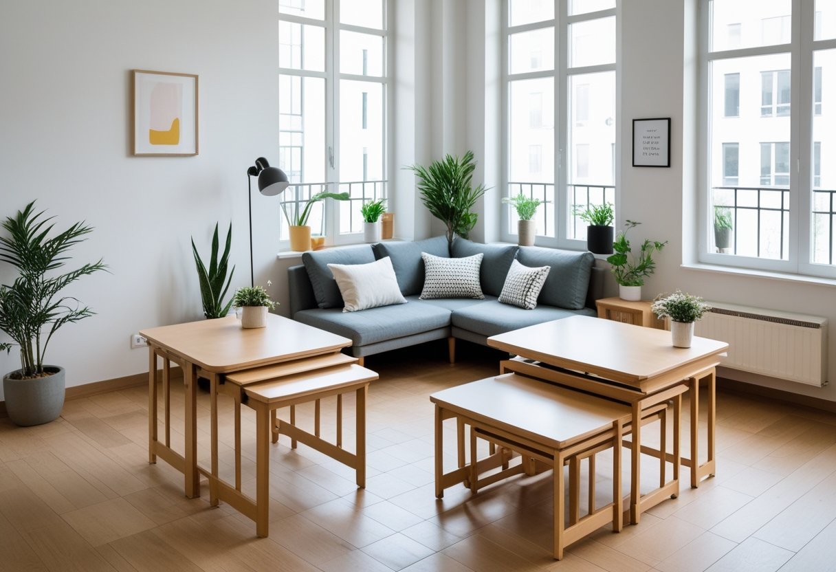 Small apartment living room with foldable and nesting tables arranged for flexible use.