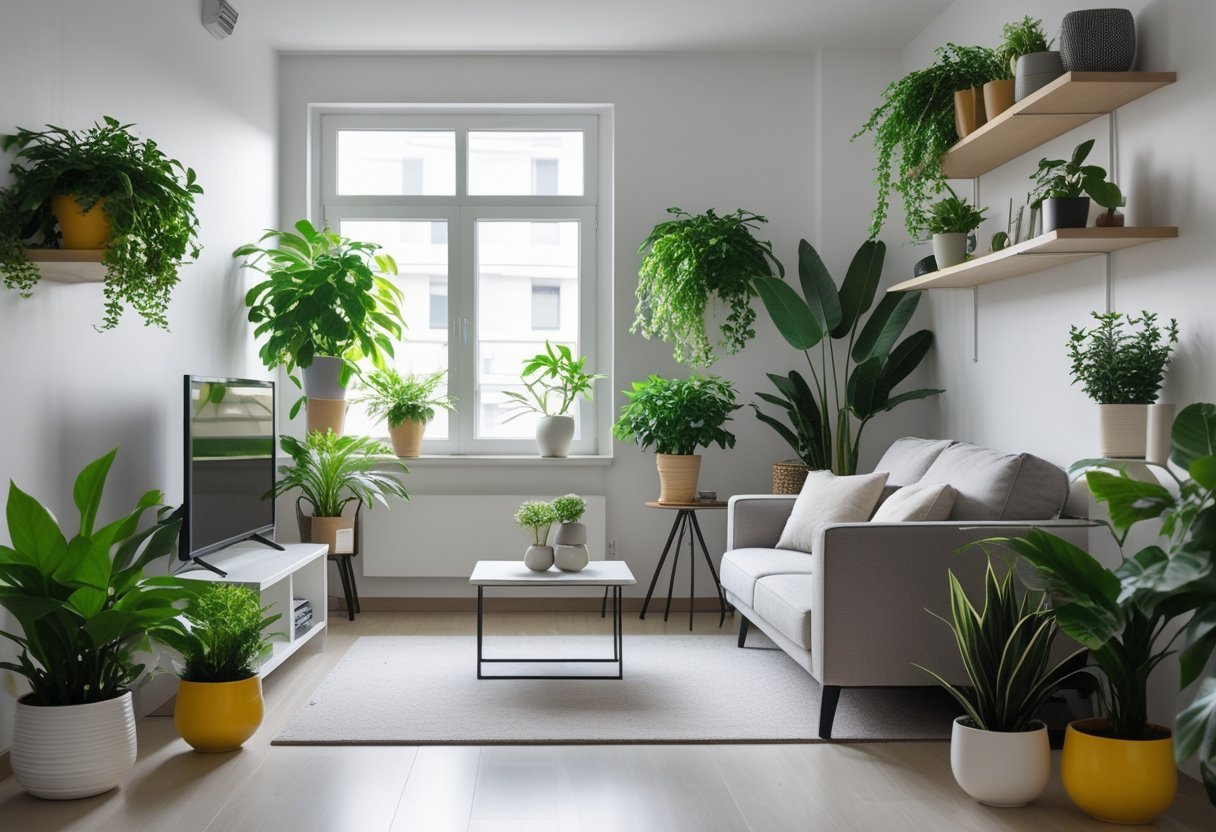 Small apartment living room with minimal furniture and several green plants placed thoughtfully to add life without crowding the space.