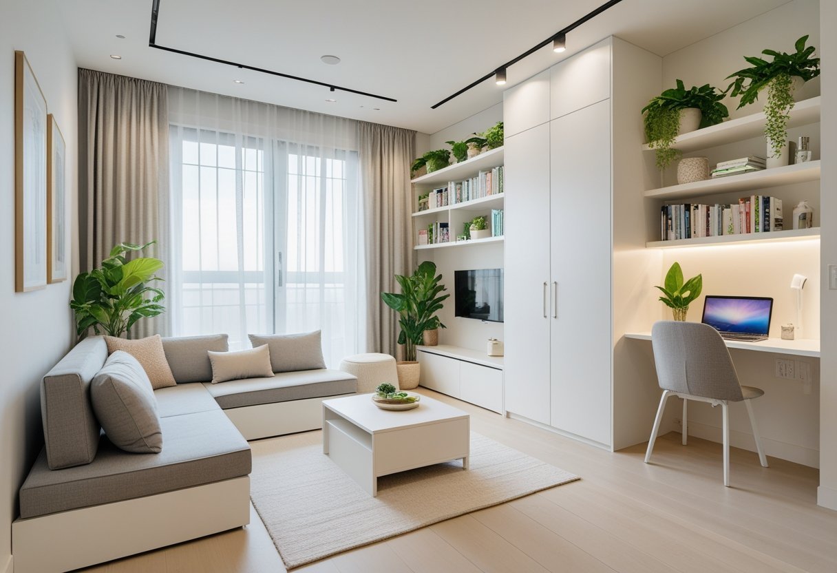 A small, well-organized living room with multifunctional furniture, wall shelves, indoor plants, and natural light coming through a large window.