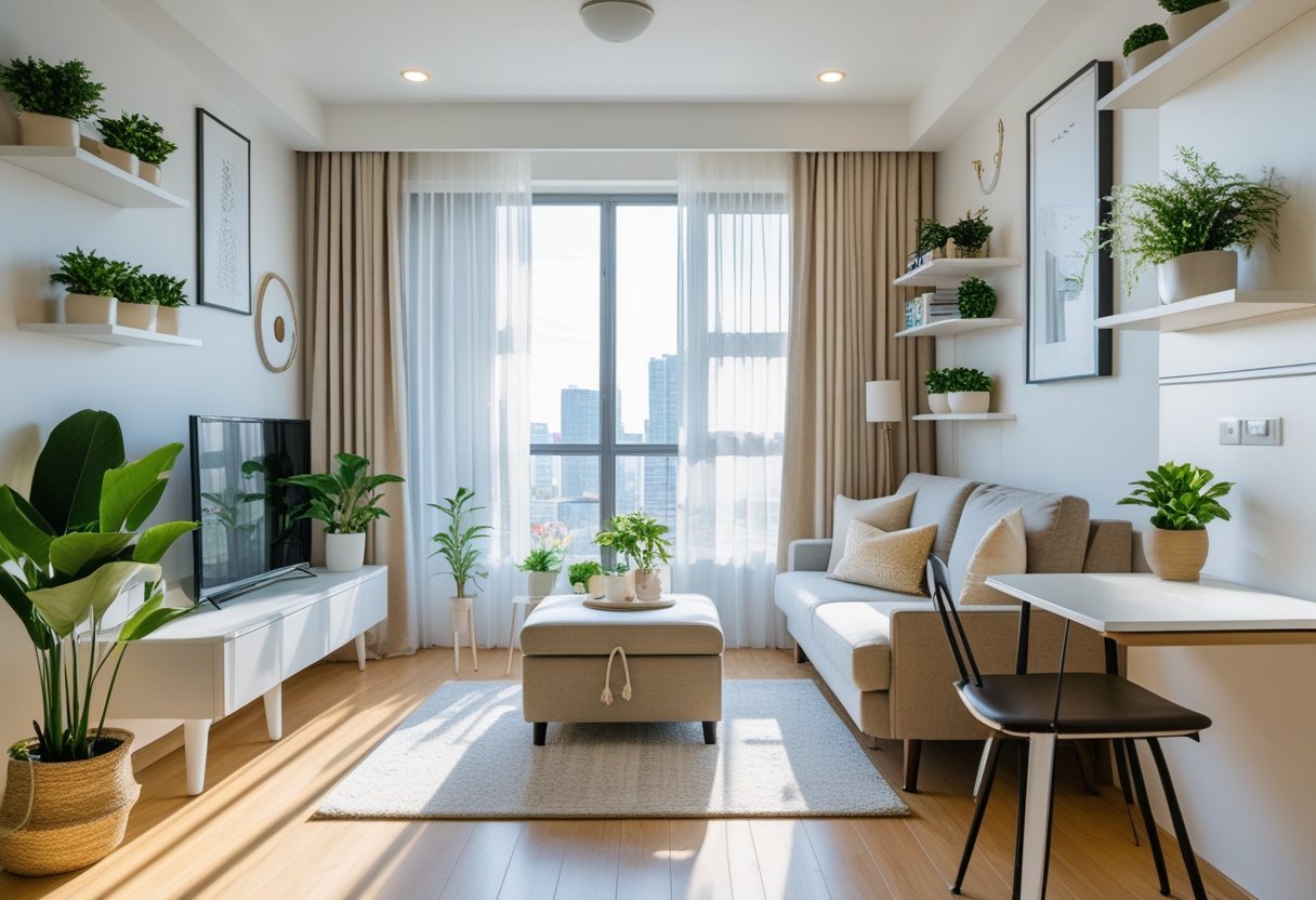 A small apartment living room with a compact sofa, coffee table, plants, and natural light coming through large windows.