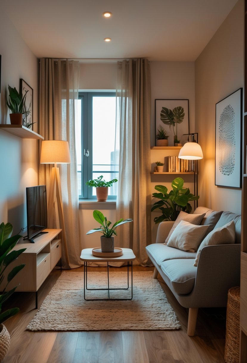 A small, cozy apartment living room with a sofa, coffee table, plants, and natural light from a window.