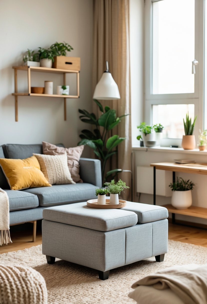 A small cozy apartment living room with a storage ottoman used as a coffee table, surrounded by compact seating and plants.
