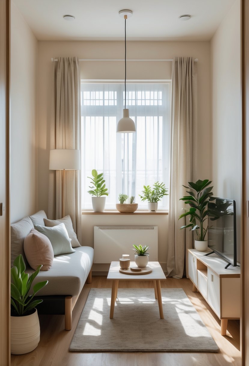 A small living room with light-colored walls, a sofa, coffee table, plants, and natural light coming through a window.