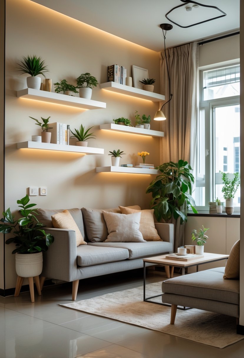 Small living room with floating shelves holding plants and books above a sofa, featuring a clear floor and natural light.