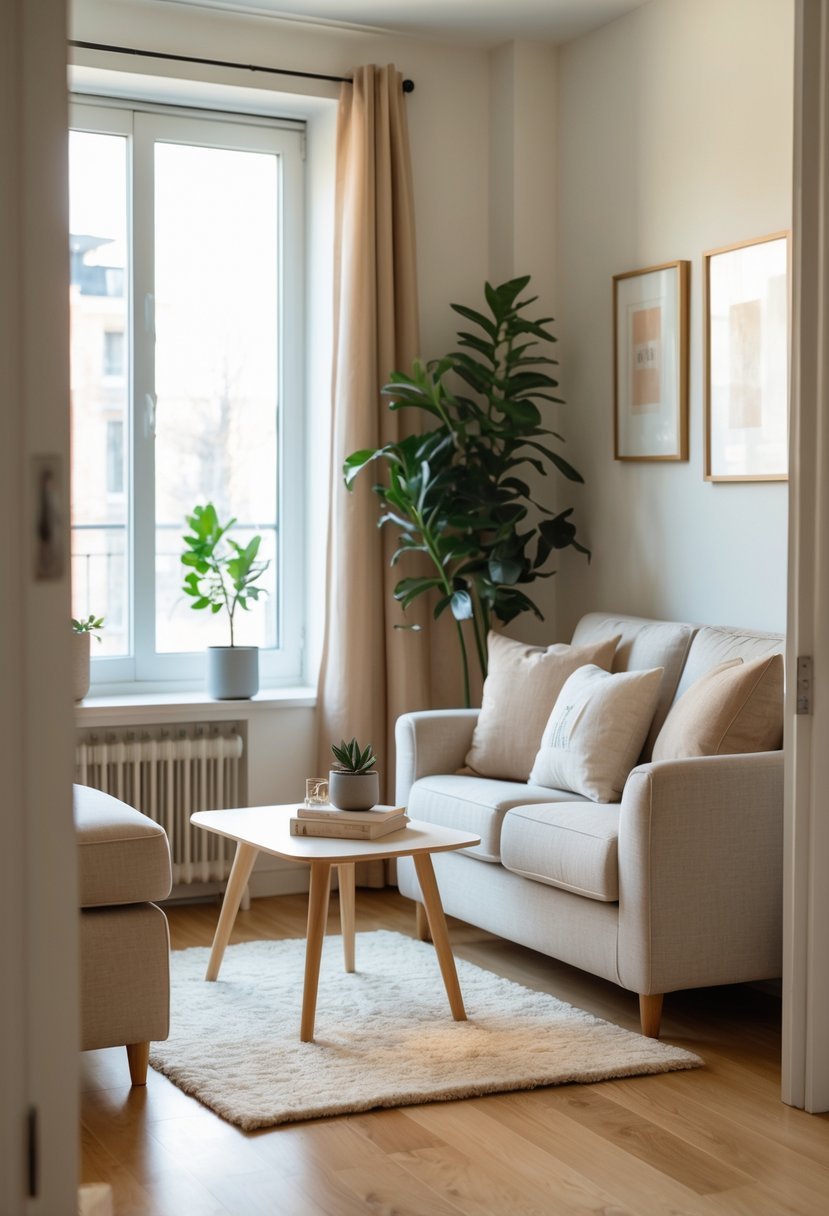 A small living room with a cozy seating area and a soft area rug on the floor.