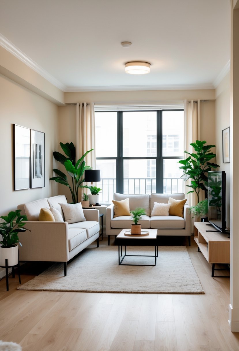 A small apartment living room with a slim sofa and loveseat, a coffee table, plants, and natural light.
