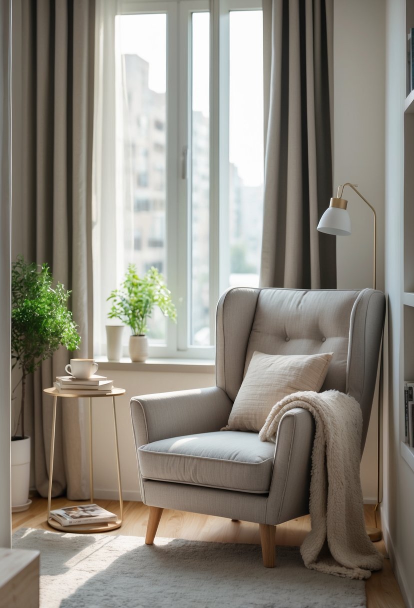 A small living room corner with a compact armchair near a window, a side table with books and a cup, a floor lamp, and a plant, creating a cozy reading nook.