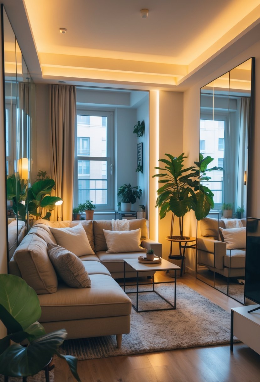 A small cozy apartment living room with mirrors on the walls reflecting light and making the space look larger, featuring a sofa, coffee table, and plants.