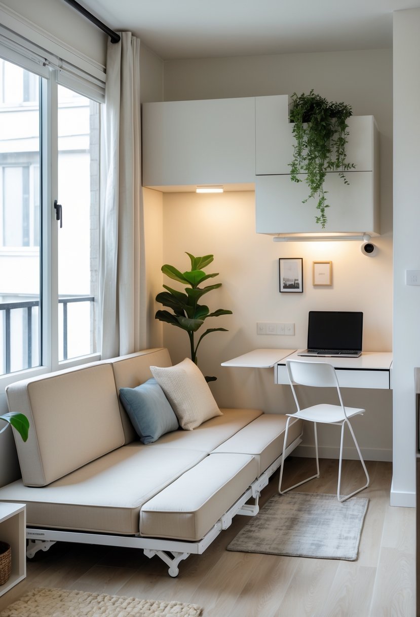 A small cozy living room with foldable and retractable furniture, including a sofa bed, wall-mounted desk, and coffee table.