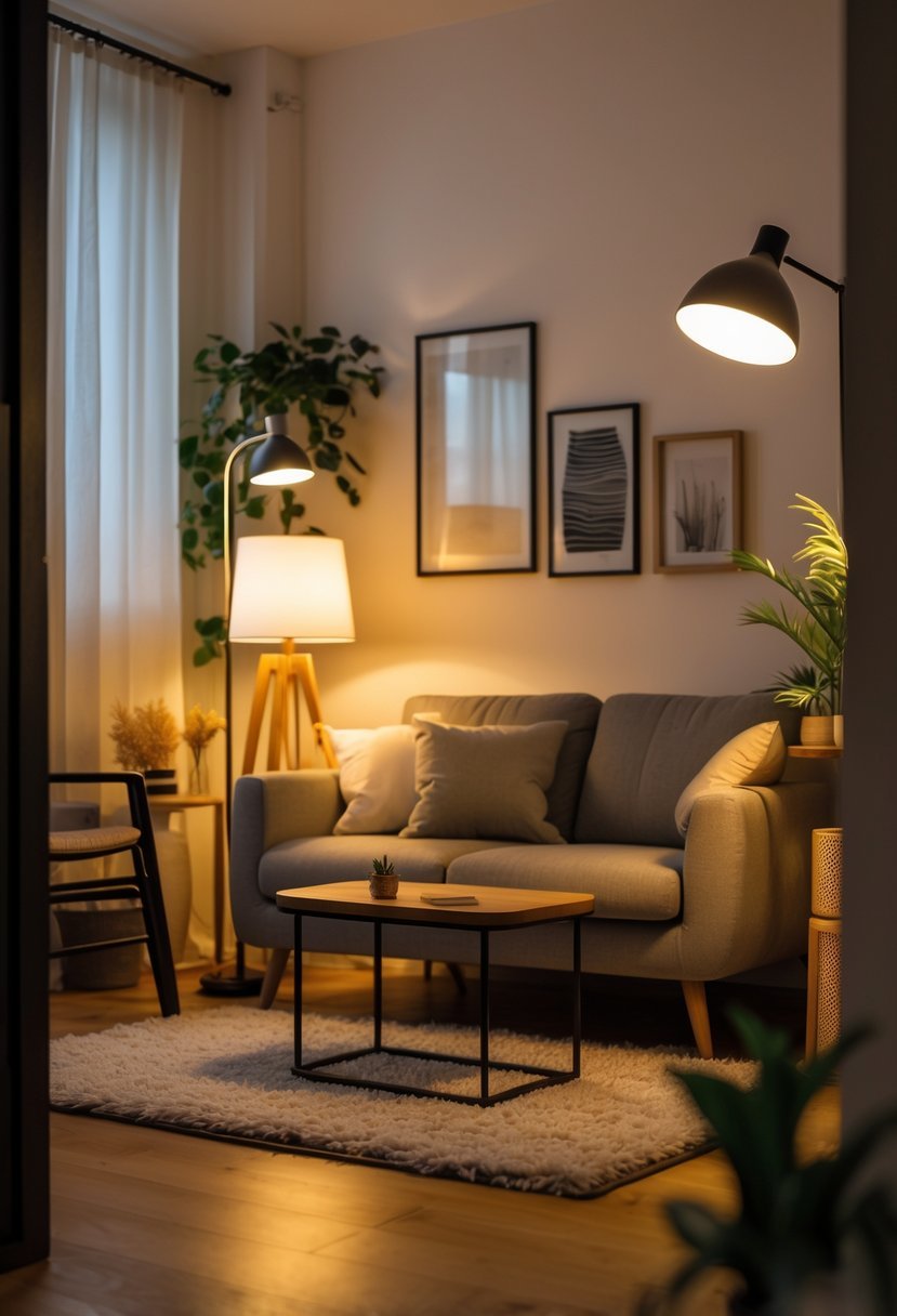 A small cozy living room with a sofa, coffee table, floor lamp, table lamp, and decorative plants.