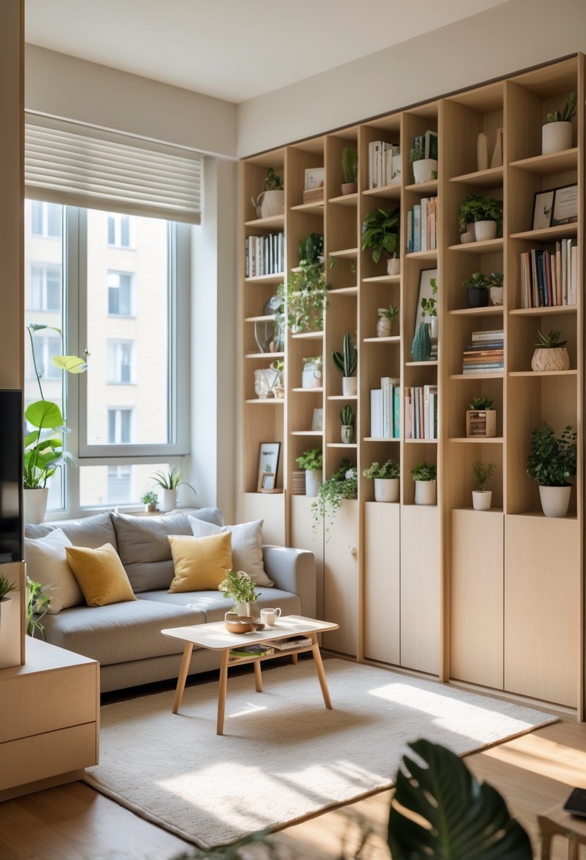 Small cozy apartment living room with vertical storage units filled with books and plants, a sofa, and a coffee table.